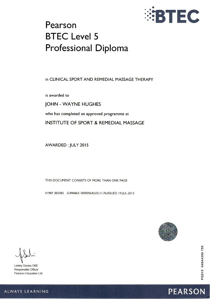 Clinical Sport and Remedial Massage Therapy BTEC Level 5 Professional Diploma Certification