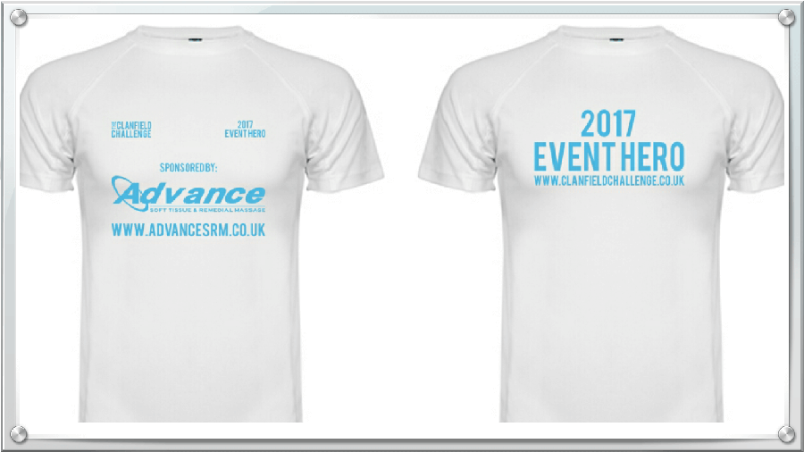 Image of Clanfield Cahllenge Volunteer t shirt with sponsor AdvanceSRM on front and 2017 Event Hero on Back